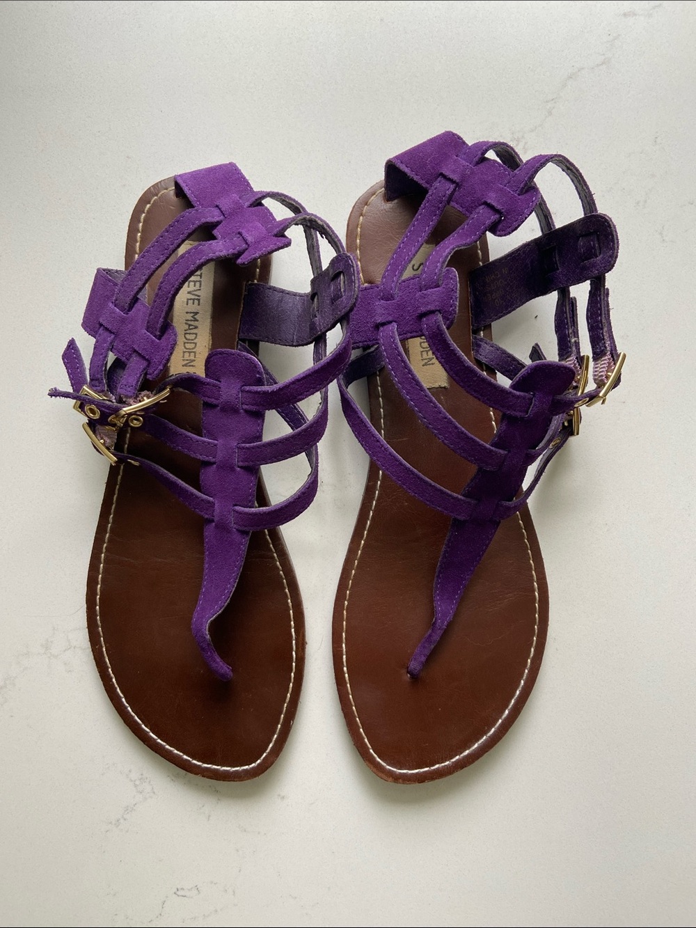 Steve Madden Purple Suede Strappy Gladiator Sandals with Gold Buckles